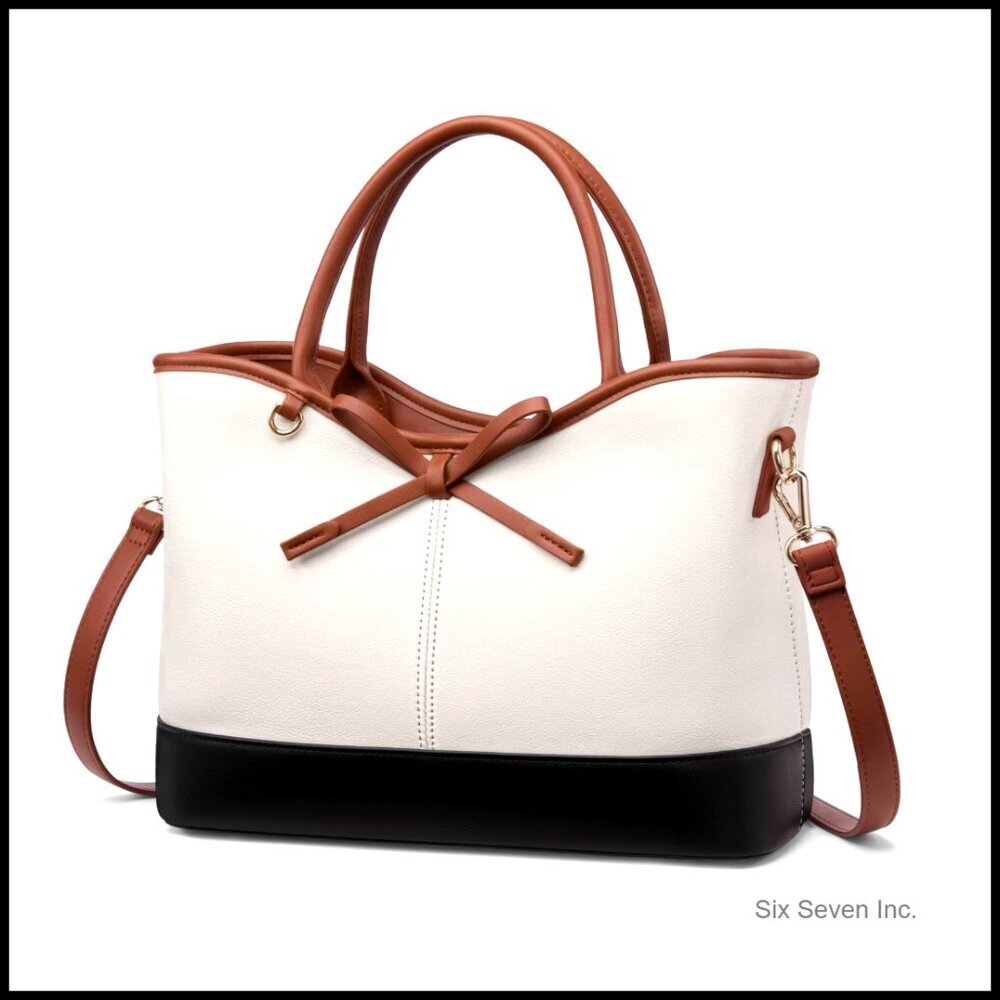 PU Leather Satchel Handbag with Bow Detachable Strap Structured Elegant